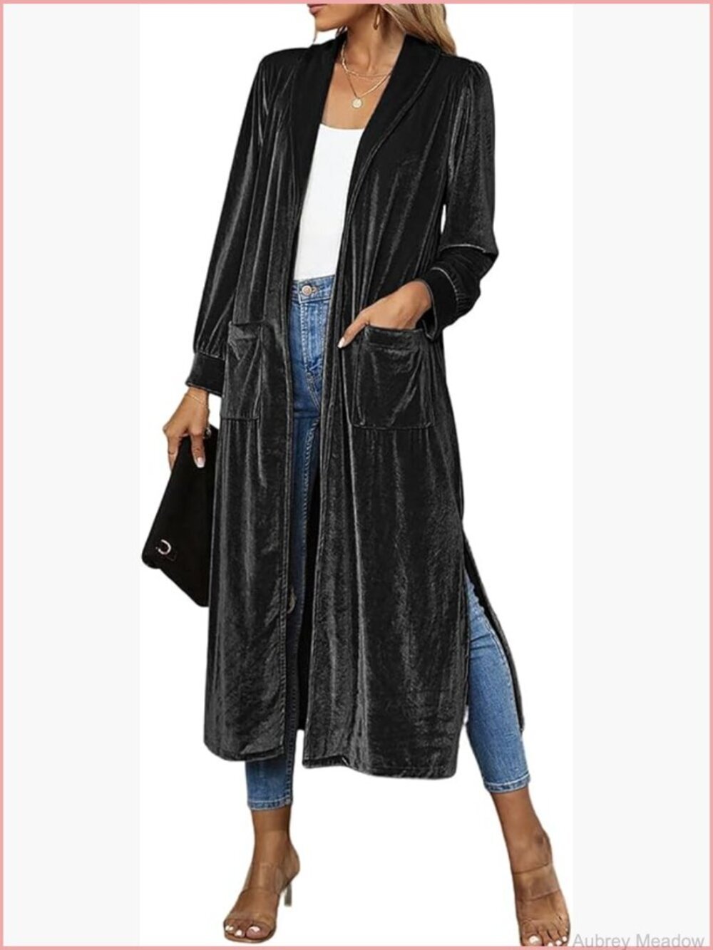 Velvet Duster Cardigan Long Sleeve Open Front Midi Coat with Pockets
